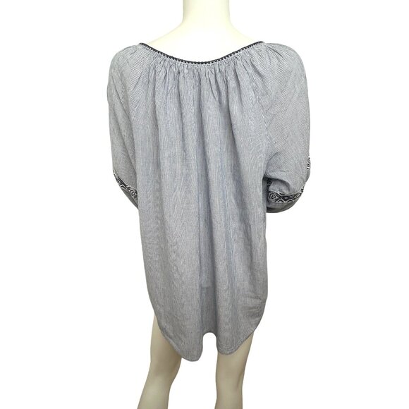 Westport Blouse 1X Blue White Peasant Boho Long Sleeve Embroidery Geometric - Picture 3 of 13